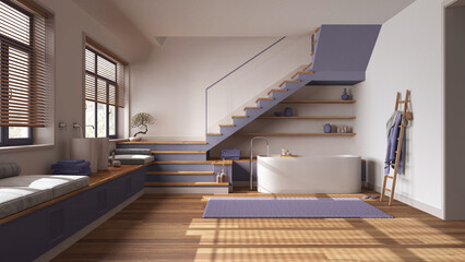 Wooden bathroom in white and purple tones. Bathtub and washbasin, shelves, minimal staircase and panoramic windows. Parquet, scandinavian interior design