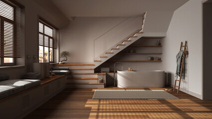 Dark late evening scene, wooden bathroom. Bathtub and washbasin, shelves, minimal staircase and panoramic windows. Parquet, scandinavian interior design