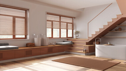 Minimal wooden bathroom in white and orange tones. Bathtub and washbasin, shelves, minimal staircase and panoramic windows. Parquet, japandi interior design