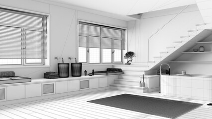Fototapeta na wymiar Blueprint unfinished project draft, minimal wooden bathroom. Bathtub and washbasin, shelves, minimal staircase and panoramic windows. Parquet, japandi interior design