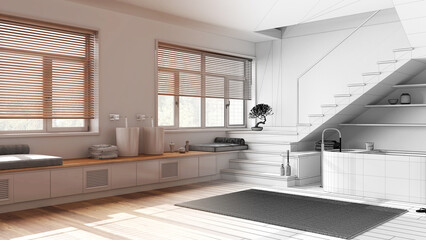 Architect interior designer concept: hand-drawn draft unfinished project that becomes real, minimal bathroom. Bathtub and washbasin, shelves, staircase and windows. Japandi style