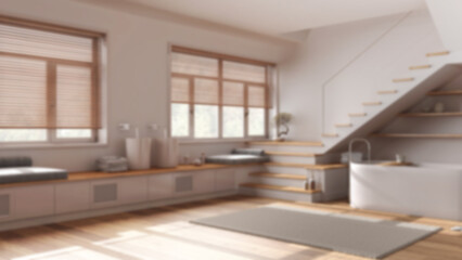 Blurred background, minimal wooden bathroom. Bathtub and washbasin, shelves, minimal staircase and panoramic windows. Parquet, japandi interior design