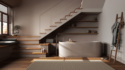 Dark late evening scene, wooden bathroom. Bathtub, carpet, minimal staircase and panoramic window. Parquet, scandinavian interior design © ArchiVIZ