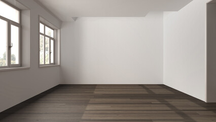 Dark wooden empty room interior design, open space with parquet floor, panoramic windows, white walls, modern contemporary architecture concept idea