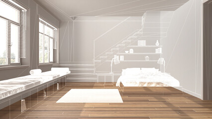 Empty white interior with parquet floor, custom architecture design project, white ink sketch, blueprint showing minimal bedroom with staircase, japandi interior design