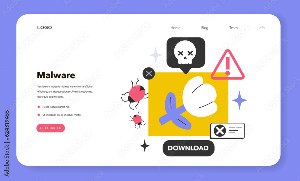 Aufkleber malware web banner or landing page. malicious virus, hacking software