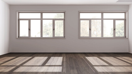 Obraz na płótnie Canvas Dark wooden empty room interior design, open space with parquet floor, panoramic windows, white walls, modern contemporary architecture concept idea