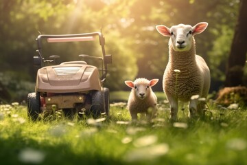Sheeps in garden with a lawnmower, bokeh background, sunlight. Generative Ai.