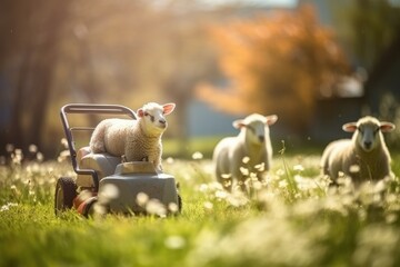 Sheeps in garden with a lawnmower, bokeh background, sunlight. Generative Ai. - obrazy, fototapety, plakaty