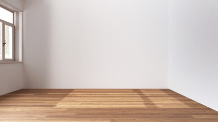 Wooden empty room interior design, open space with parquet floor, panoramic window, white walls, modern contemporary architecture concept idea