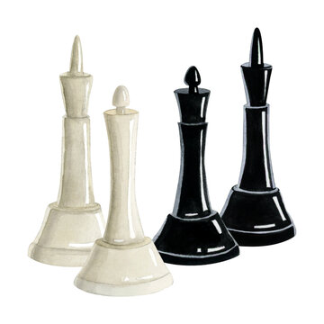 Watercolor chess king and queen black and white pieces illustration isolated on white background. Realistic group of figures for Chess day and intellectual games clubs