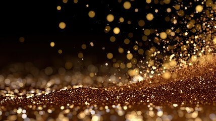 Sprinkle gold  bronze color dust on a bronze color background in the dark,Sparkling bronze color  glitter powder on bronze color background,christmas background,Sprinkle dust bronze color light