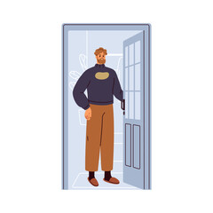 Man opening home door, unlocking house entrance, doorway. Person standing in slippers inside apartment at threshold, looking outside, meeting smb. Flat vector illustration isolated on white background