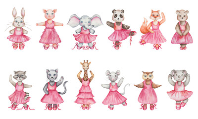 Watercolor set of illustrations. Hand painted cartoon animal characters. Fox, bear, hare, elephant, panther, raccoon, panda, owl, giraffe, koala, pig, mouse girls in pink dresses. Isolated clip art © Olga Sidelnikova