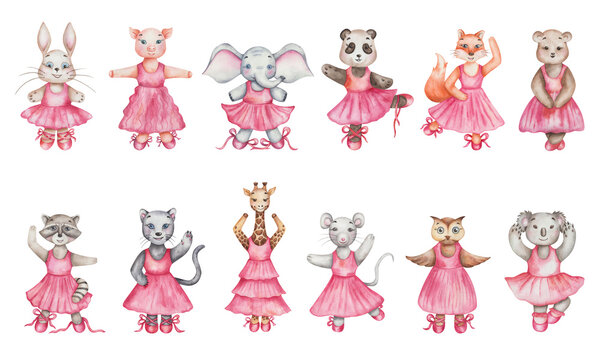 Watercolor set of illustrations. Hand painted cartoon animal characters. Fox, bear, hare, elephant, panther, raccoon, panda, owl, giraffe, koala, pig, mouse girls in pink dresses. Isolated clip art
