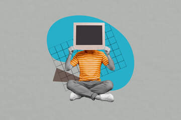 Picture image collage of weird unusual person no face tv set viewer watching newscast propaganda...