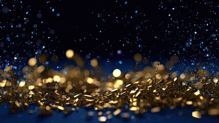 Sprinkle gold  indigo blue dust on a indigo blue background in the dark,Sparkling indigo blue  glitter powder on indigo blue background,christmas background,Sprinkle dust indigo blue light Christmas 