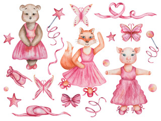 Watercolor set of illustrations. Hand painted teddy bear, fox, pig, butterflies. Girls in dance studio in pink dresses, ballet shoes. Cartoon animal characters. Isolated clip art for stickers, poster © Olga Sidelnikova