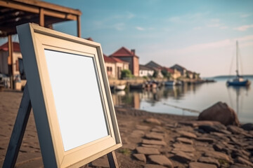 Close-up mock-up frames leaning against a seaside resort with fishing boats in the background. Generative AI 13