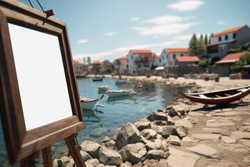 Close-up mock-up frames leaning against a seaside resort with fishing boats in the background. Generative AI 11