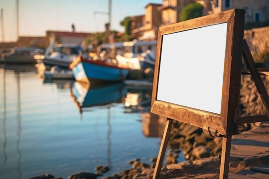 Close-up mock-up frames leaning against a seaside resort with fishing boats in the background. Generative AI 9
