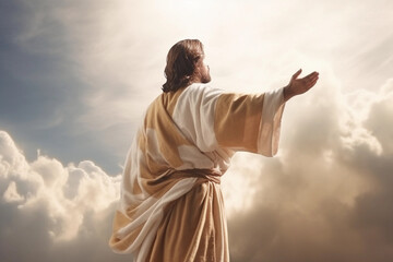Bright heaven scene, Resurrected Jesus Christ concept. Generative Ai.