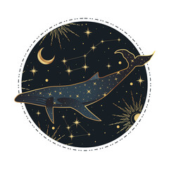 Bohemian golden whale illustration. Boho celestial and magic whale. © Любовь Овсянникова