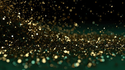 Sprinkle gold  green dust on a green background in the dark,Sparkling green  glitter powder on green background,christmas background,Sprinkle dust green light Christmas and happy new year.