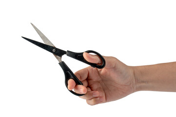 Office stationery scissors cutting in hand on transparent background