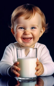 A smiling and adorable little baby drinking a big glass of milk