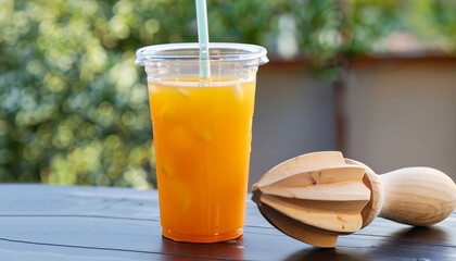 disposable plastic glass of cold freshly squeezed orange juice with wooden juicer on table...