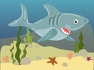 Illustration of a cartoon shark under water. Underwater world with a funny shark. The shark is in its usual habitat. Children's illustration, printing for children's books