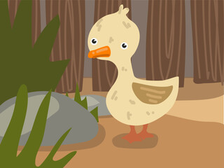 Illustration of a cartoon duck near a fence in a household. A household with a funny duck. A duck in its usual home. Children's illustration, printing for children's books