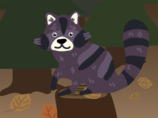 Fototapeta na wymiar Illustration of a cartoon raccoon in the forest. A forest world with a funny striped raccoon. A raccoon in its usual habitat. Children's illustration, printing for children's books