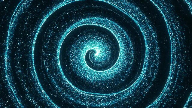 Spiral shiny blue vortex with floating particles on a black background. Fibonacci spiral formation particles. 4k video.