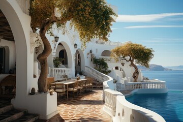 Traditional Mediterranean white house with sea view. Generative AI.