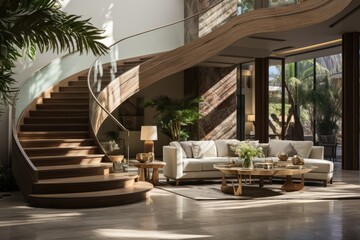 The interior design of the modern entrance hall with a staircase in a villa. Generative AI.