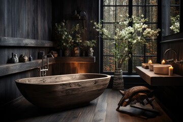 The rustic interior design of the modern bathroom with wooden walls and a bathtub decorated with a solid wood slab. Generative AI.