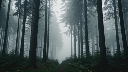 Tall trees in the forest in the mountains covered with the fog