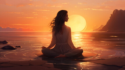 Space girl woman meditating at sunset on the seashore new quality universal colorful technology image illustration design, generative ai