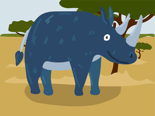 Illustration of a cartoon rhinoceros in the safari, desert. Savannah with a funny big rhinoceros. A rhinoceros in its usual place of residence. Children's illustration, printing for children's books