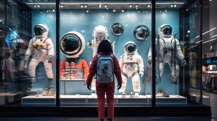 A woman wearing a space suit in front of a store window with innovative space fashion. A woman chooses a space suit in the shopping meta universe. Futuristic Fashion.