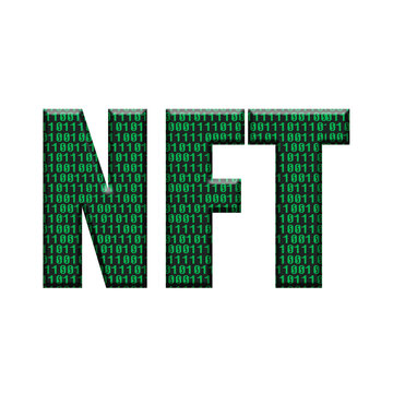 The letters NFT with a binary code overlay.  