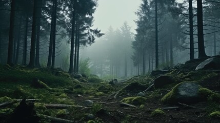 Fototapeta premium Tall trees in the forest in the mountains covered with the fog