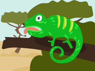 Illustration of a cartoon chameleon in the safari, desert. Savannah with funny chameleons. Chameleon on a branch. Children's illustration, printing for children's books