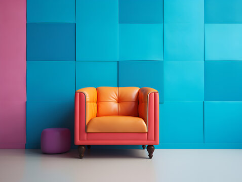 Orange chair Interior colorful armchair furniture on empty wall mid century living room decoration