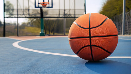 basketball ball on the outdoors court with hoop on the background. Sport equipment