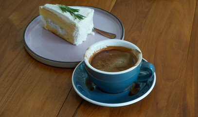 Hot coffee with delicious young coconut cake