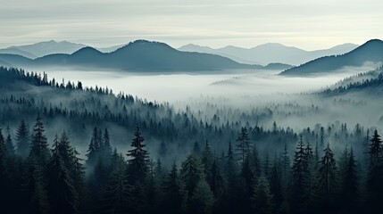 Obraz premium Tall trees in the forest in the mountains covered with the fog