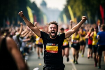 Athlete Crosses Finish Line in Triumph at Marathon - obrazy, fototapety, plakaty